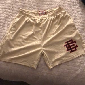 Eric Emanuel crème mesh shorts with black and red logo men’s small
